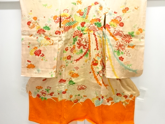Antique mon nishikisa, embroidered five-fingerprint kimono with phoenix and peon